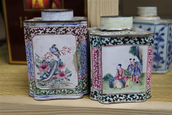 Two Chinese enamel tea caddies and three porcelain caddies largest 11cm